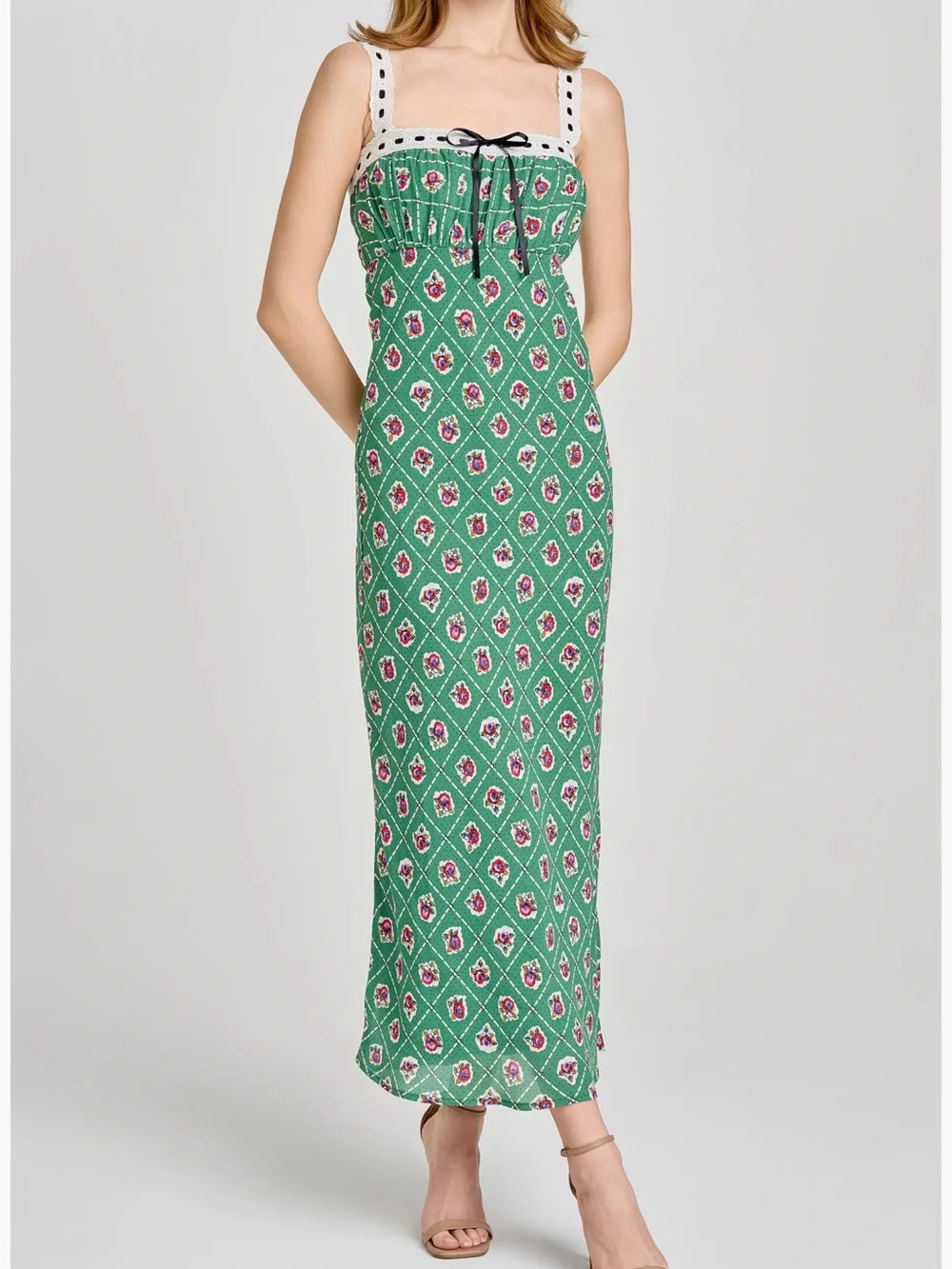 WAYF. Green Patterned Midi Dress with Contrast Trim - Picture 6 of 16